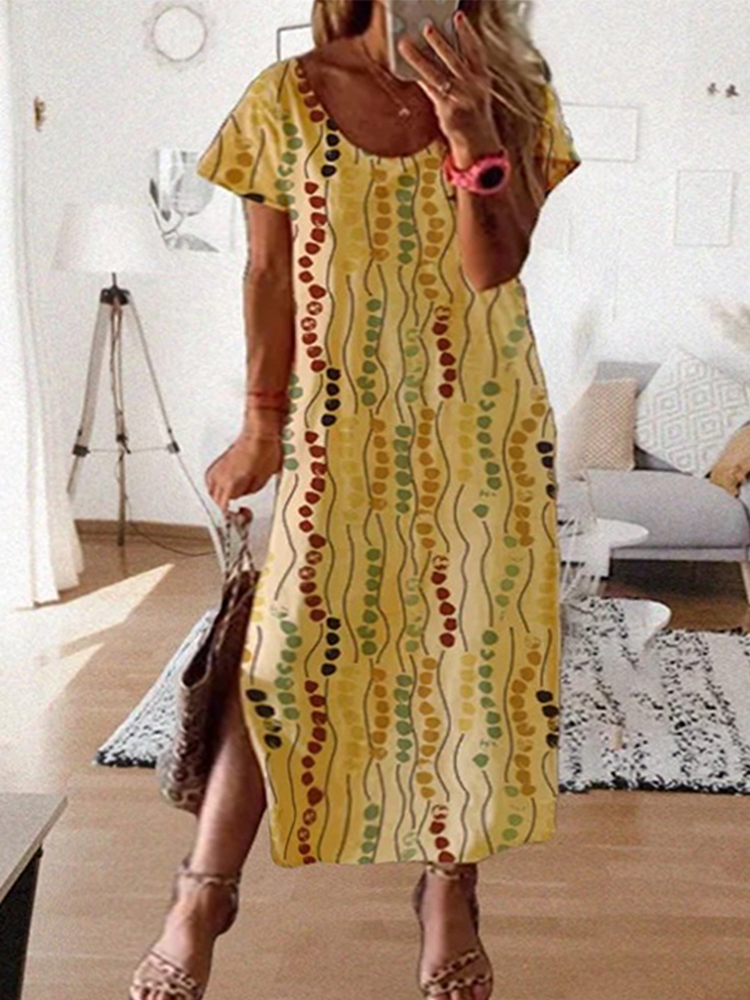 Maxi Dress Boho - Abito midi stampato giallo taglie forti,